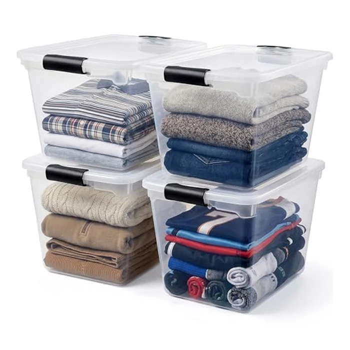 HOMZ 4-Pack 31 Quart Latching Lid, Clear Plastic Storage Organizer Bins, Gray - Stackable Containers for Home & Office Shelves, Kitchen, Garage, and Bathroom Organization by HOMZ - Used - Like New condition - US$41.23