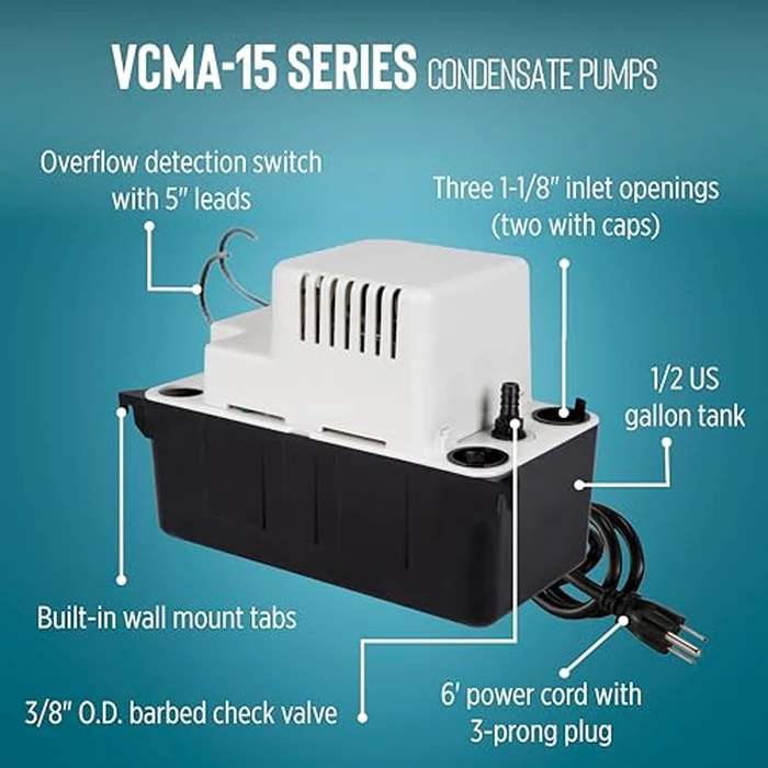 Little Giant VCMA-15ULST 115 Volt, 65 GPH, 1/50 HP Automatic Condensate Removal Pump for HVAC/Refrigeration Systems/Dehumidifiers with Overflow Detection Switch and 20-Foot Tubing, Black/White, 554415 by Little Giant - Image 3