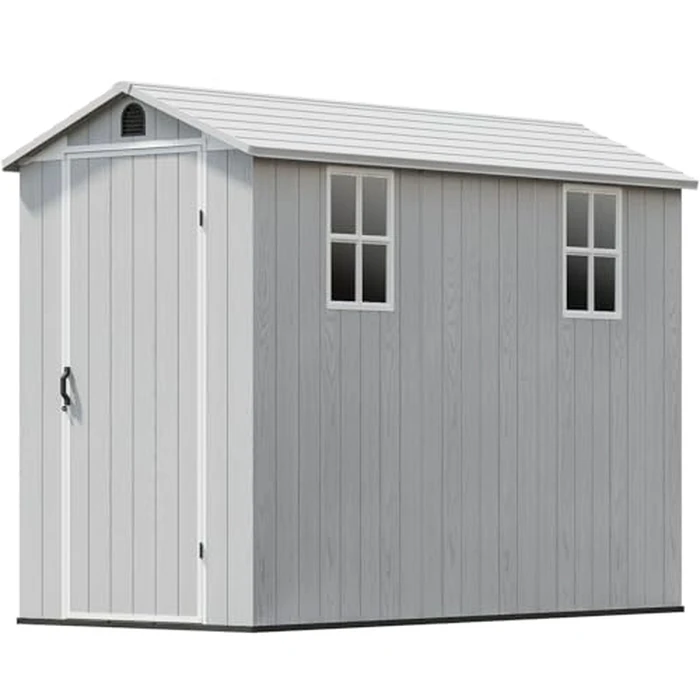 Patiowell 4x8 FT Resin Outdoor Storage Shed with Floor & 2 Windows, Large Plastic Garden Shed with Lockable Door for Backyard, Patio, and Lawn, Gray (Fit-it Shed) by Patiowell - Used - Very Good condition