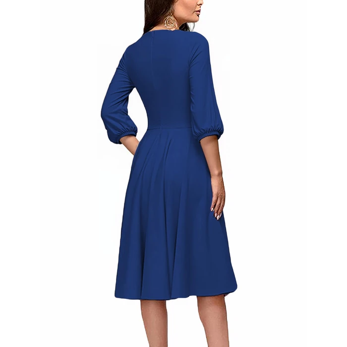 FENJAR Women's Formal Dresses Casual Wedding Guest Church Work Elegance Audrey Hepburn Style A-line Midi Dress(P-Blue-M) by FENJAR - Image 2