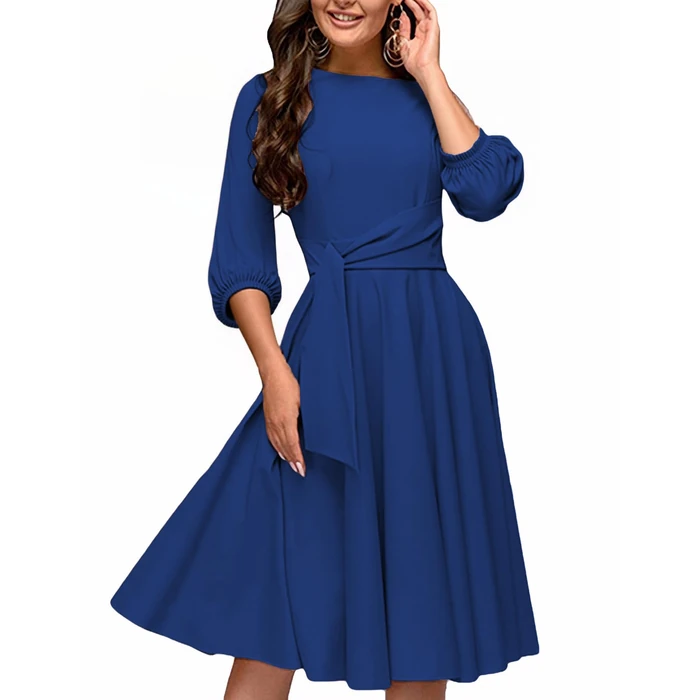 FENJAR Women's Formal Dresses Casual Wedding Guest Church Work Elegance Audrey Hepburn Style A-line Midi Dress(P-Blue-M) by FENJAR - Image 3
