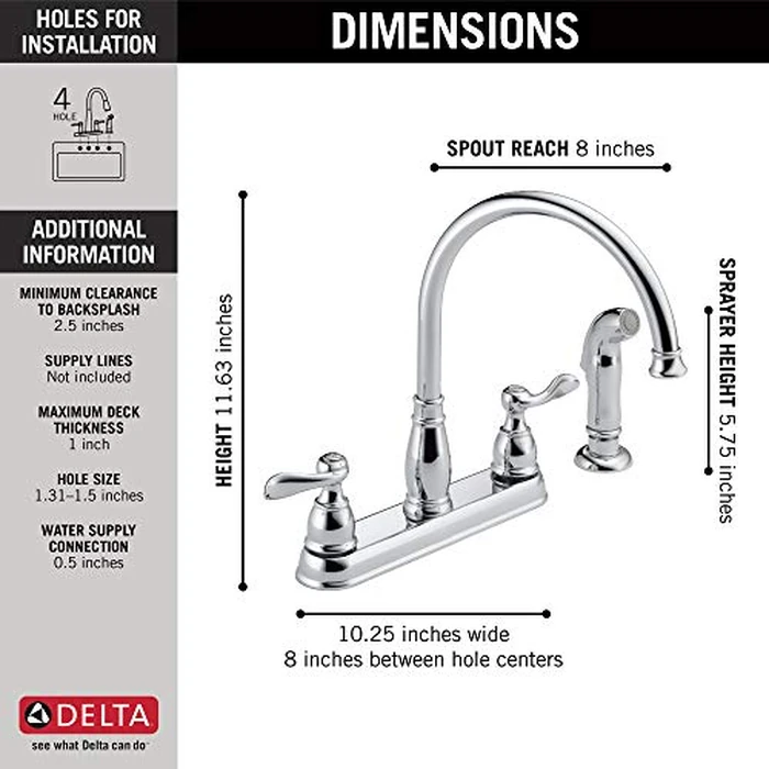 Delta Windemere Chrome Kitchen Faucet with Side Sprayer, Traditional 4 Hole Kitchen Sink Faucet, Two-Handle, Chrome 21996LF by DELTA - Image 3