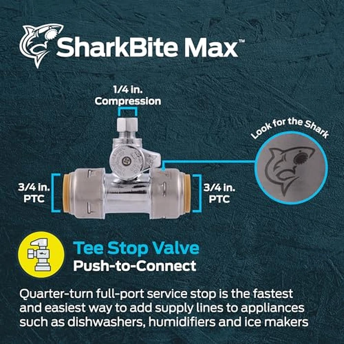 Sharkbite Max Tee Stop Valve, 3/4 x 3/4 in Push-to-Connect x 1/4 in Compression, Brass Plumbing Fitting, Chrome Finish, UR24985A by SharkBite - Image 2