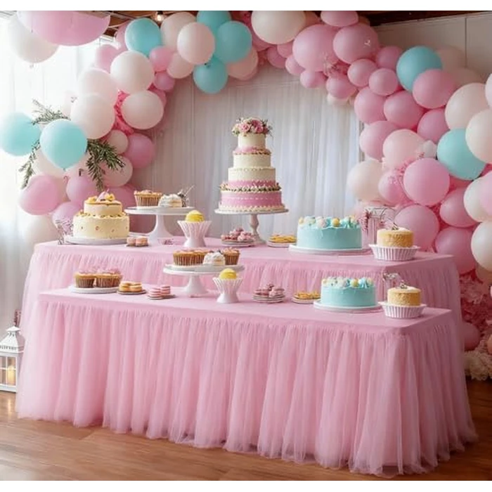 2-Pack Pink 2-in-1 Tulle Tablecloth for 4-Foot Rectangular Table - Stretch Fitted Table Skirt & Cover for Baby Shower, Bridal, Birthday, Princess Party by Yoquare - Image 1