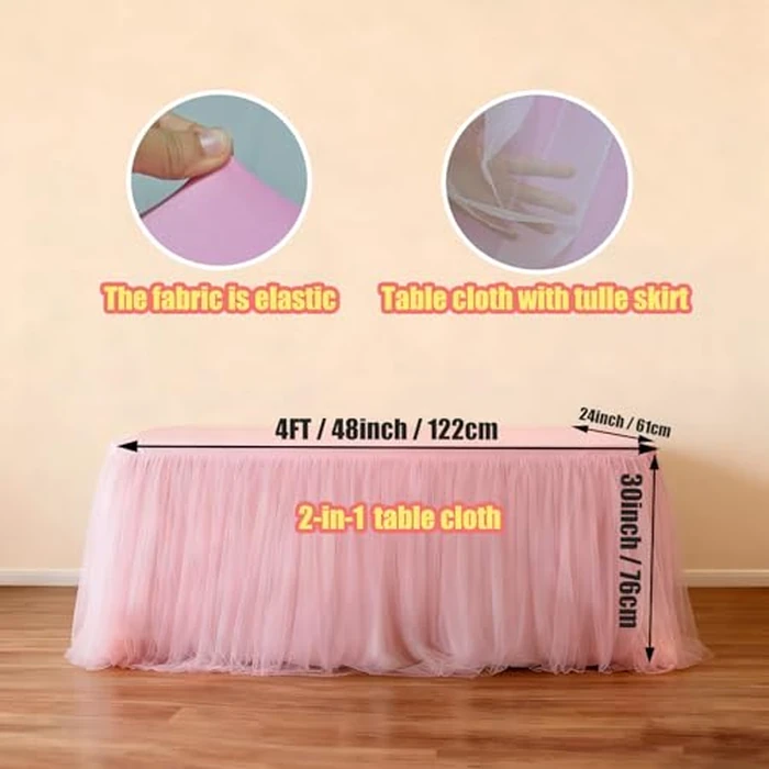 2-Pack Pink 2-in-1 Tulle Tablecloth for 4-Foot Rectangular Table - Stretch Fitted Table Skirt & Cover for Baby Shower, Bridal, Birthday, Princess Party by Yoquare - Image 2