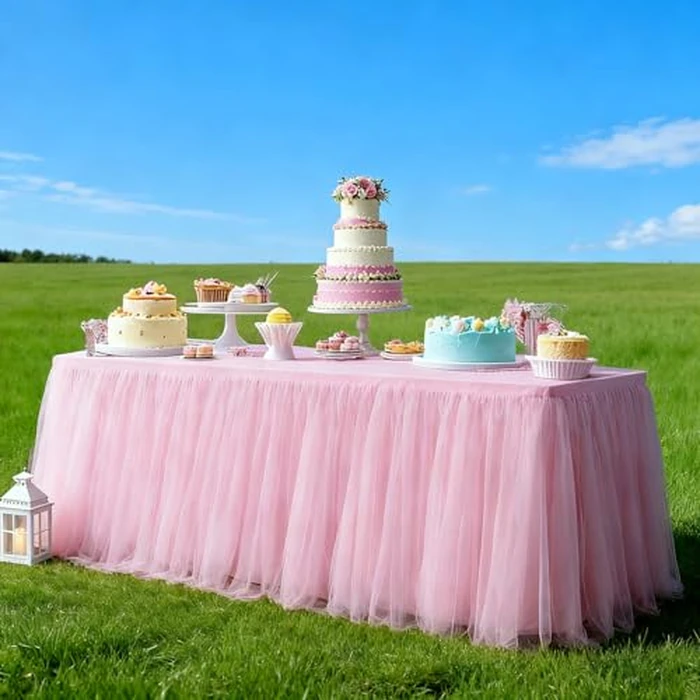 2-Pack Pink 2-in-1 Tulle Tablecloth for 4-Foot Rectangular Table - Stretch Fitted Table Skirt & Cover for Baby Shower, Bridal, Birthday, Princess Party by Yoquare - Image 3