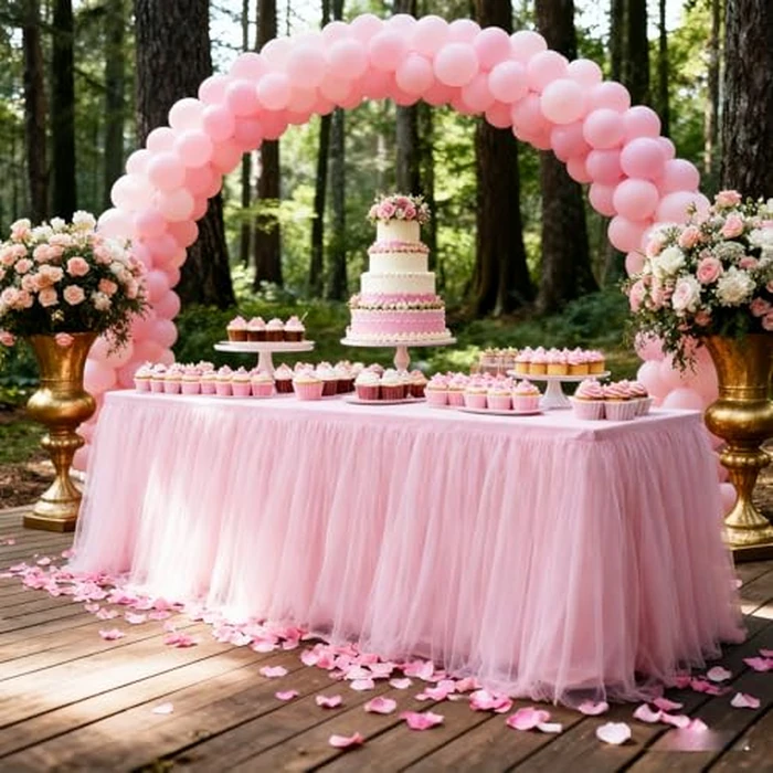 2-Pack Pink 2-in-1 Tulle Tablecloth for 4-Foot Rectangular Table - Stretch Fitted Table Skirt & Cover for Baby Shower, Bridal, Birthday, Princess Party by Yoquare - Image 4