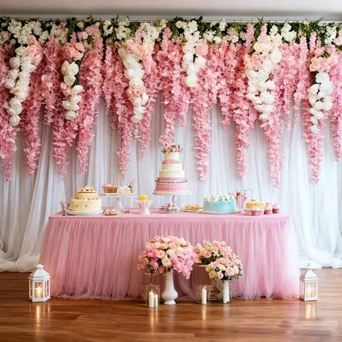 2-Pack Pink 2-in-1 Tulle Tablecloth for 4-Foot Rectangular Table - Stretch Fitted Table Skirt & Cover for Baby Shower, Bridal, Birthday, Princess Party by Yoquare - Image 5