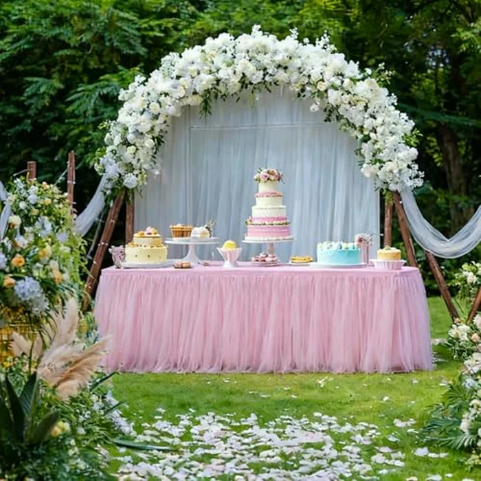2-Pack Pink 2-in-1 Tulle Tablecloth for 4-Foot Rectangular Table - Stretch Fitted Table Skirt & Cover for Baby Shower, Bridal, Birthday, Princess Party by Yoquare - Image 8