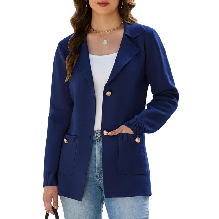 KateModa Women's Sweater Blazers Bussiness Casual Jacket Long Sleeve Cardigan Button Front Lapel Suit with Pockets Navy Blue S by KateModa - Used - Like New condition - US$33.72