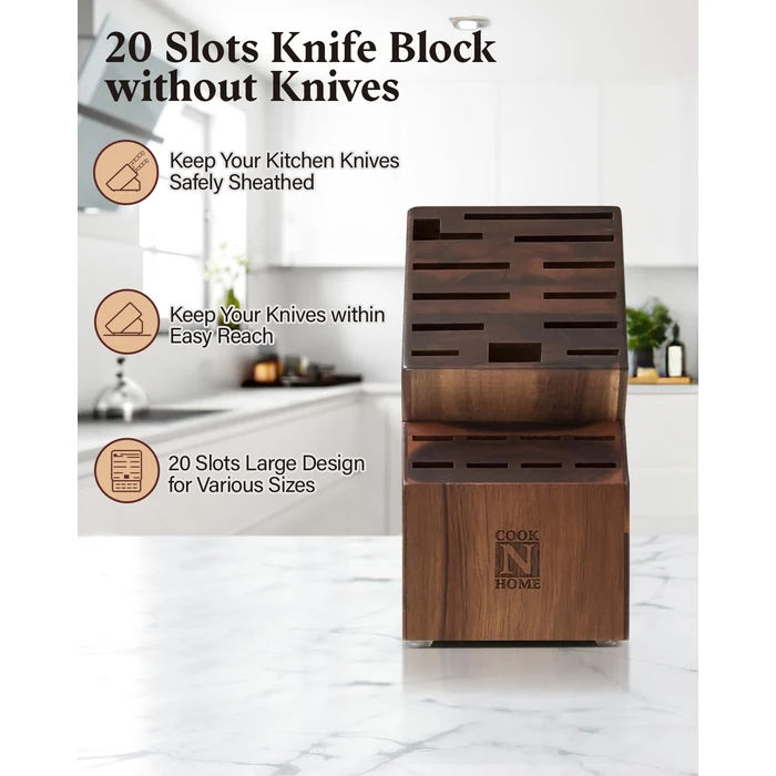 Cook N Home Acacia Wood Knife Storage Block without Knives, 20 Slot Universal Knife Holder Countertop Butcher Block Knife Stand for Easy Kitchen Storage by Cook N Home - Image 3