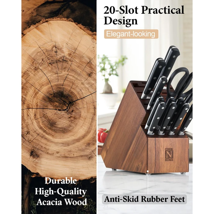 Cook N Home Acacia Wood Knife Storage Block without Knives, 20 Slot Universal Knife Holder Countertop Butcher Block Knife Stand for Easy Kitchen Storage by Cook N Home - Image 5