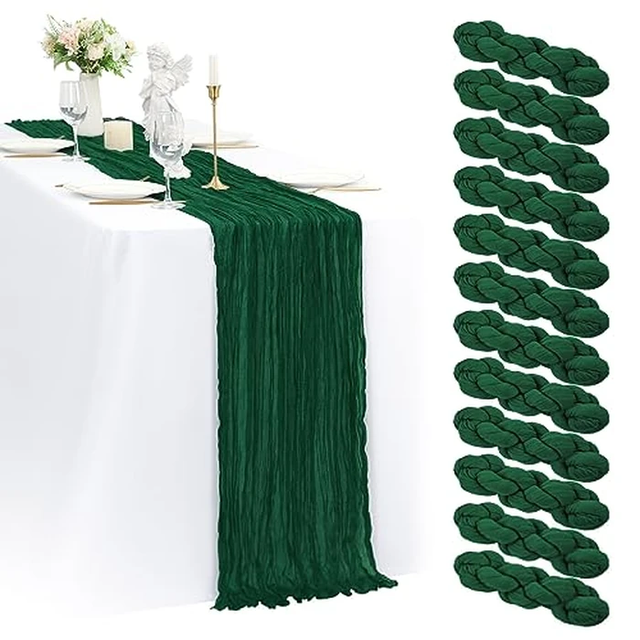 12 Pack 35x120 Inch Cheesecloth Table Runner Emerald Green Gauze Table Runner 10FT Boho Cheese Cloth Table Runner Bulk Dark Green Table Runners for Wedding Party Baby Shower Table Decor by Lumaycens - Used - Very Good condition