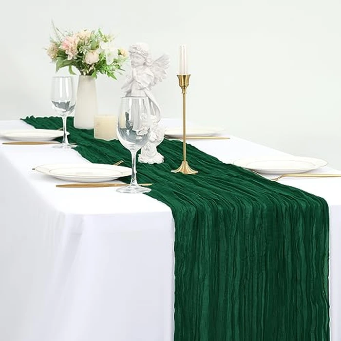 12 Pack 35x120 Inch Cheesecloth Table Runner Emerald Green Gauze Table Runner 10FT Boho Cheese Cloth Table Runner Bulk Dark Green Table Runners for Wedding Party Baby Shower Table Decor by Lumaycens - Image 3