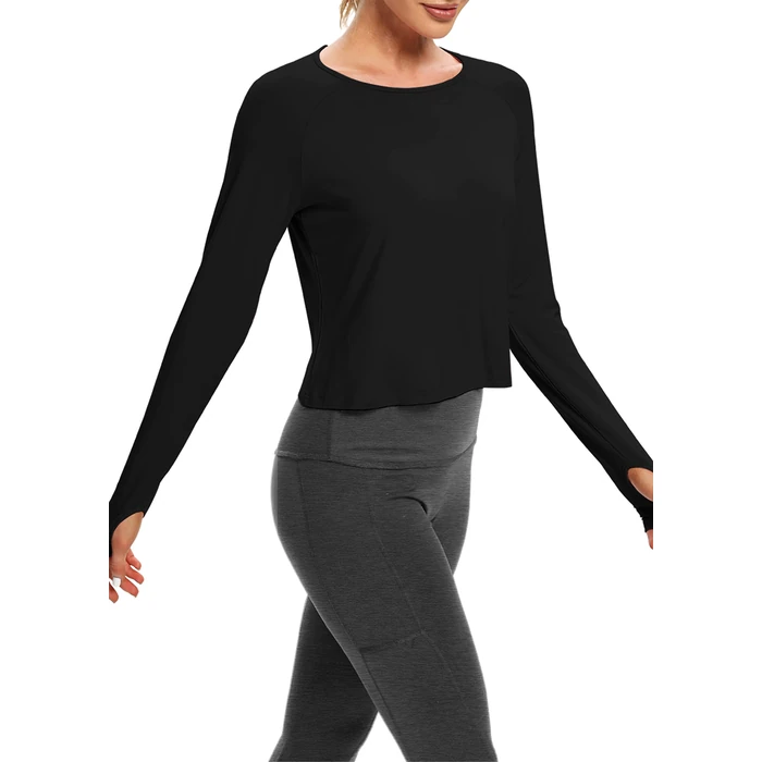 Bestisun Cropped Tops Long Sleeve Open Back Workout Gym Sports Clothes for Women with Thumb Hole Black S by Bestisun - Image 2