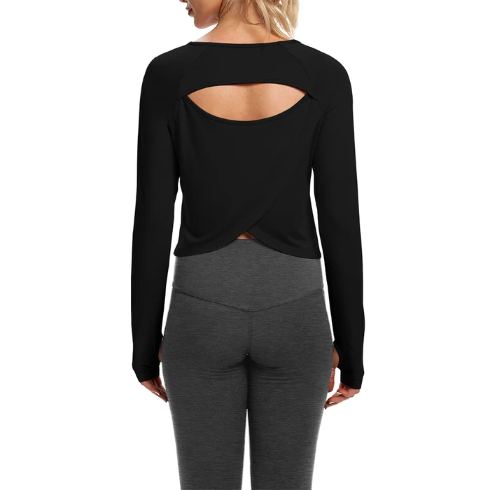 Bestisun Cropped Tops Long Sleeve Open Back Workout Gym Sports Clothes for Women with Thumb Hole Black S by Bestisun - Image 5