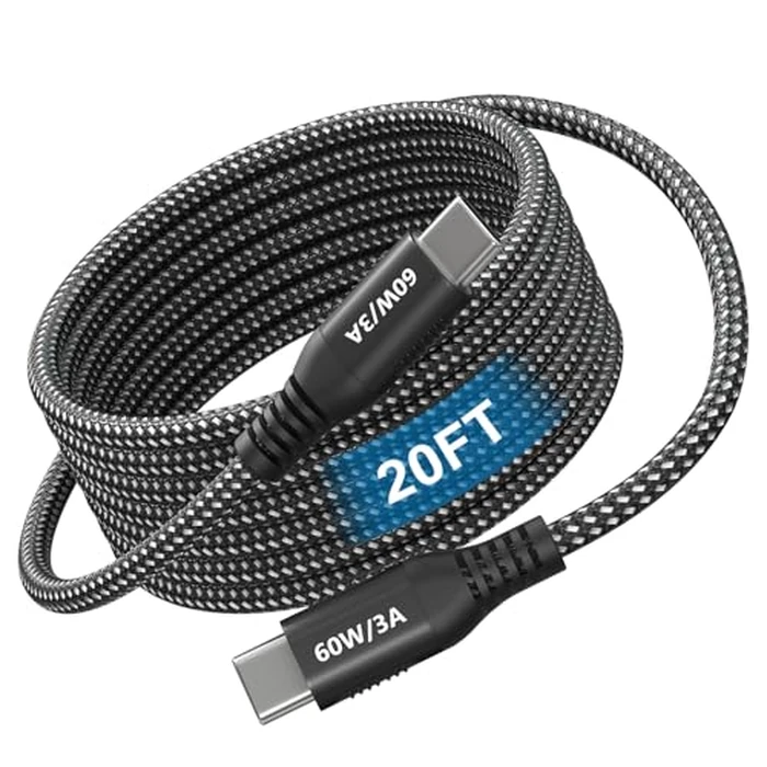 USB C to USB C Cable 20ft, Super Long 60W Type C to C Charging Cord Braided USB 2.0 Data Transfer Long USB C Cable Compatible with iPhone 15/16, Samsung Galaxy, Pixel, Pad Pro/Air, MacBook Pro/Air by Bawanfa - Used - Very Good condition - US$14.04