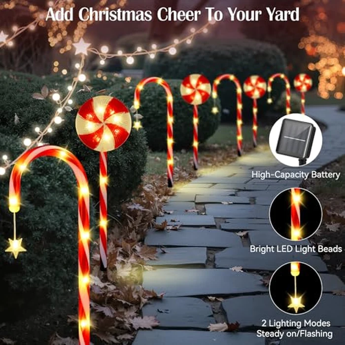 Luxspire Christmas Pathway Lights Outdoor, 8 Pack Solar Walkway Light Waterproof & Auto On/Off, Outdoor Candy Cane Christmas Decorations for Holiday Garden Patio Lawn Yard, Candy Canes by Luxspire - Image 4
