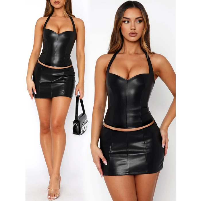 OZICERD Faux Leather Halter Going Out Crop Tops for Women Backless Sleeveless Club Rave Outfit Y2k Pleather Tank Top Cami Black S by OZICERD - Image 4