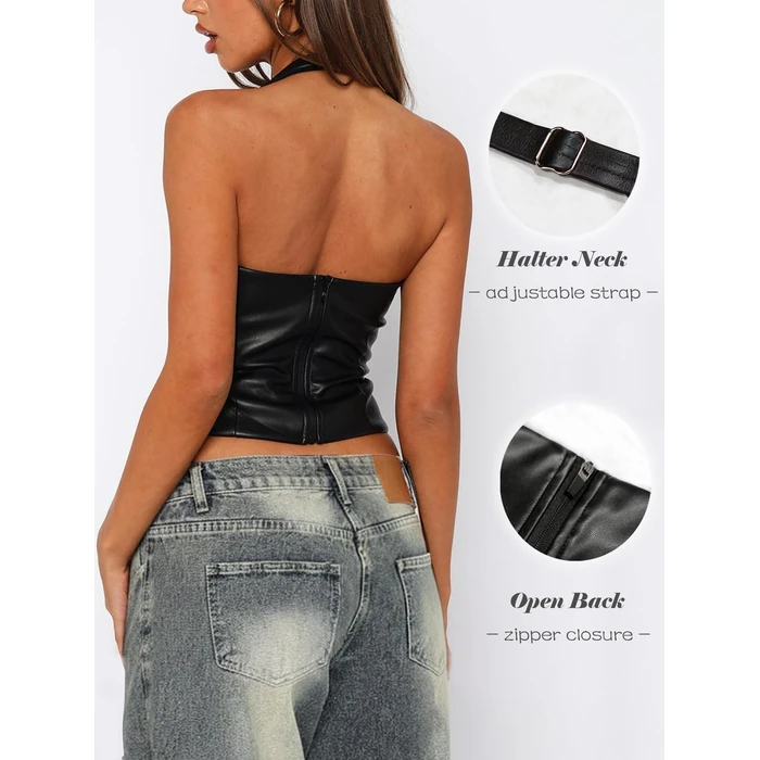 OZICERD Faux Leather Halter Going Out Crop Tops for Women Backless Sleeveless Club Rave Outfit Y2k Pleather Tank Top Cami Black S by OZICERD - Image 5