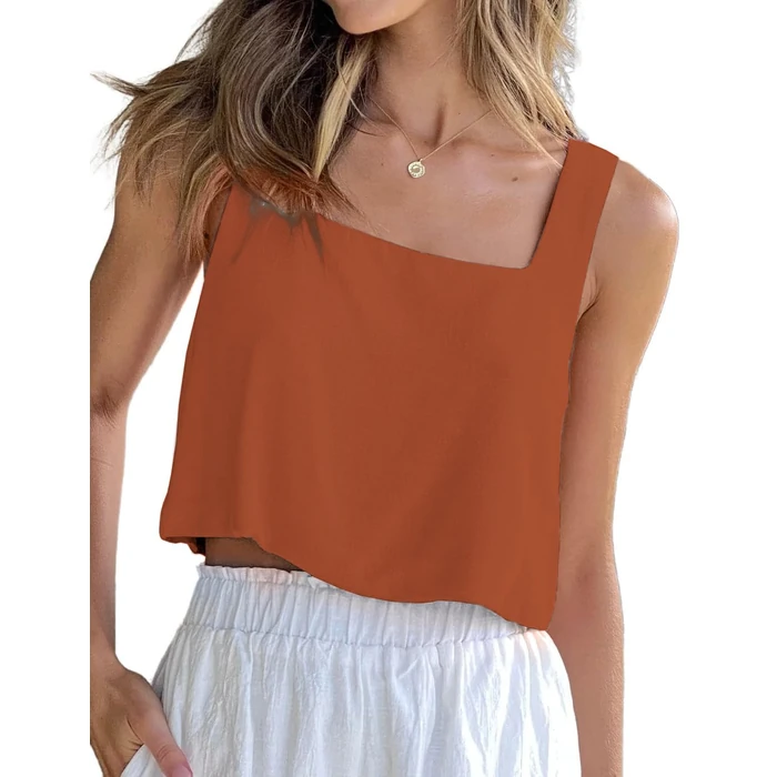 IDEALSANXUN Linen Crop Tank Tops for Women 2025 Summer Sleeveless Casual Cute Square Neck Tank Tops, Brick, S by IDEALSANXUN - Used - Like New condition