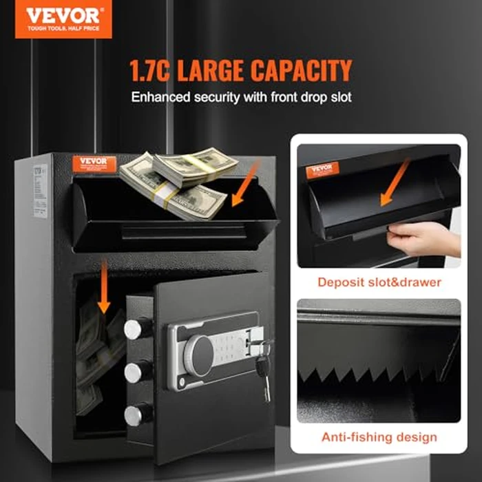 VEVOR 1.7 Cub Depository Safe, Deposit Safe with Drop Slot, Electronic Code Lock and 2 Emergency Keys, 13.77''x11.81''x17.71'' Business Drop Slot Safe for Cash, Mail in Home, Hotel, Office by VEVOR - Image 2