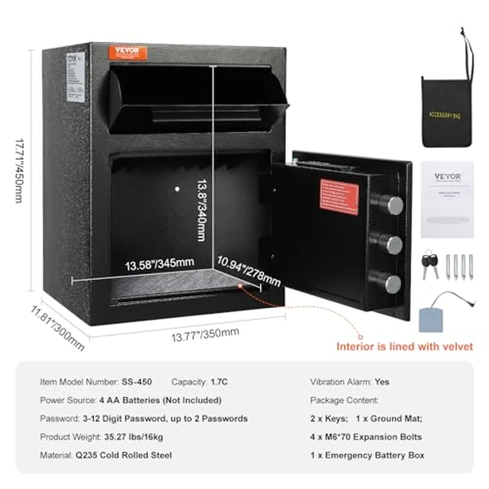 VEVOR 1.7 Cub Depository Safe, Deposit Safe with Drop Slot, Electronic Code Lock and 2 Emergency Keys, 13.77''x11.81''x17.71'' Business Drop Slot Safe for Cash, Mail in Home, Hotel, Office by VEVOR - Image 7