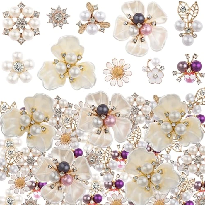 50PCS Rhinestone Buttons Faux Pearl Embellishments Buttons,Flat Back Flower Rhinestone Charms for Jewelry Making DIY Wedding Bouquet, Decor Clothes Bag Shoes Craft Accessory by Achairder - Used - Like New condition