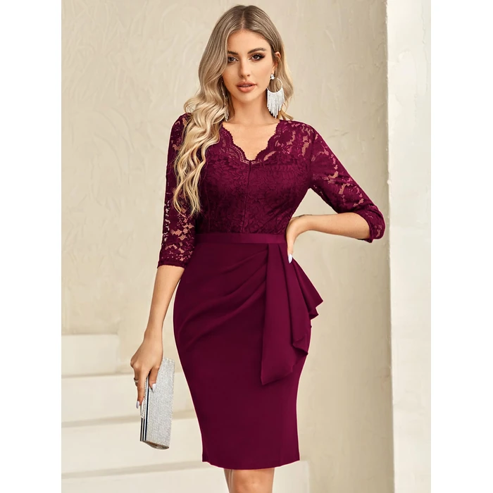 Miusol Women's Retro V Neck Floral Lace Ruffle Style Cocktail Party Dress (XX-Large, Wine) by Miusol - Image 1