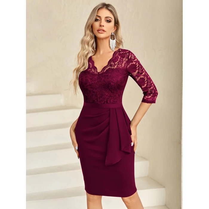 Miusol Women's Retro V Neck Floral Lace Ruffle Style Cocktail Party Dress (XX-Large, Wine) by Miusol - Image 2