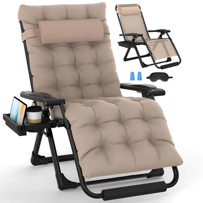 Slendor Oversized Zero Gravity Chairs XL, Zero Gravity Lounge Chair, 29inch Large Anti Gravity Chair, Folding Reclining Chair w/Aluminum Alloy Lock, Pillow, Cup Holder, Support 440lbs, Beige by Slendor - Image 1