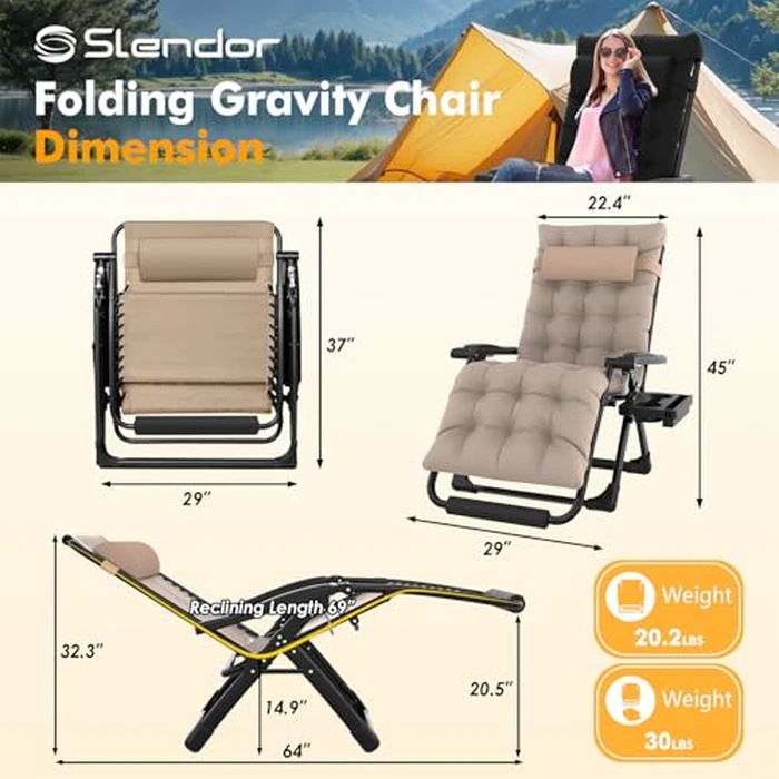 Slendor Oversized Zero Gravity Chairs XL, Zero Gravity Lounge Chair, 29inch Large Anti Gravity Chair, Folding Reclining Chair w/Aluminum Alloy Lock, Pillow, Cup Holder, Support 440lbs, Beige by Slendor - Image 3