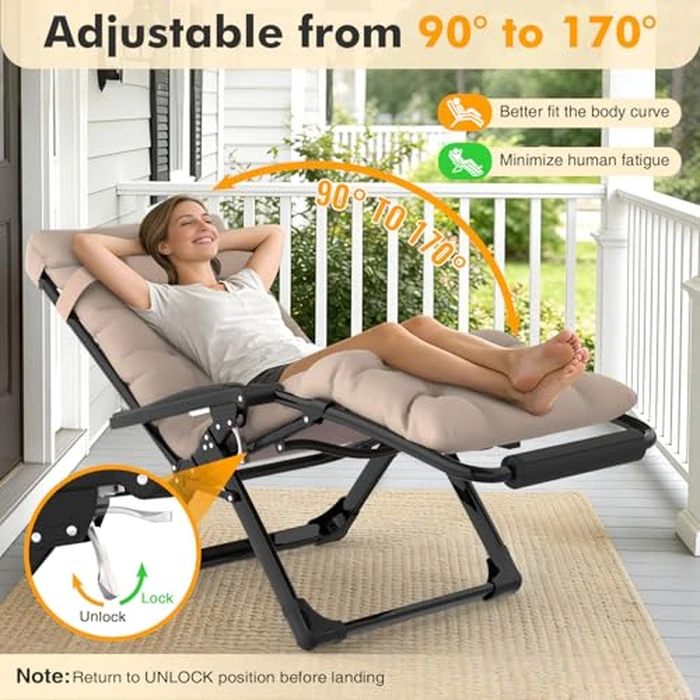 Slendor Oversized Zero Gravity Chairs XL, Zero Gravity Lounge Chair, 29inch Large Anti Gravity Chair, Folding Reclining Chair w/Aluminum Alloy Lock, Pillow, Cup Holder, Support 440lbs, Beige by Slendor - Image 4