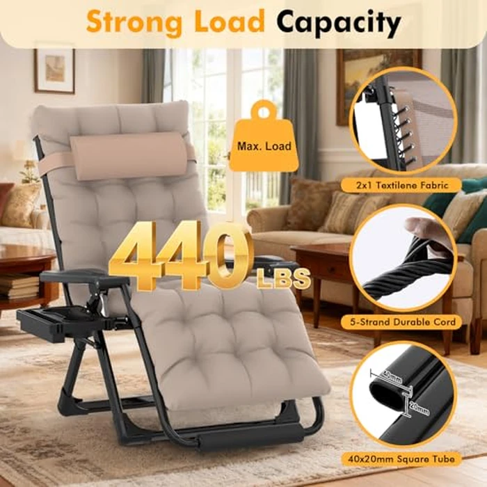 Slendor Oversized Zero Gravity Chairs XL, Zero Gravity Lounge Chair, 29inch Large Anti Gravity Chair, Folding Reclining Chair w/Aluminum Alloy Lock, Pillow, Cup Holder, Support 440lbs, Beige by Slendor - Image 5