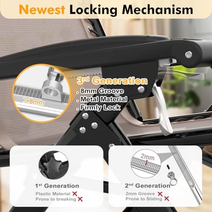 Slendor Oversized Zero Gravity Chairs XL, Zero Gravity Lounge Chair, 29inch Large Anti Gravity Chair, Folding Reclining Chair w/Aluminum Alloy Lock, Pillow, Cup Holder, Support 440lbs, Beige by Slendor - Image 7