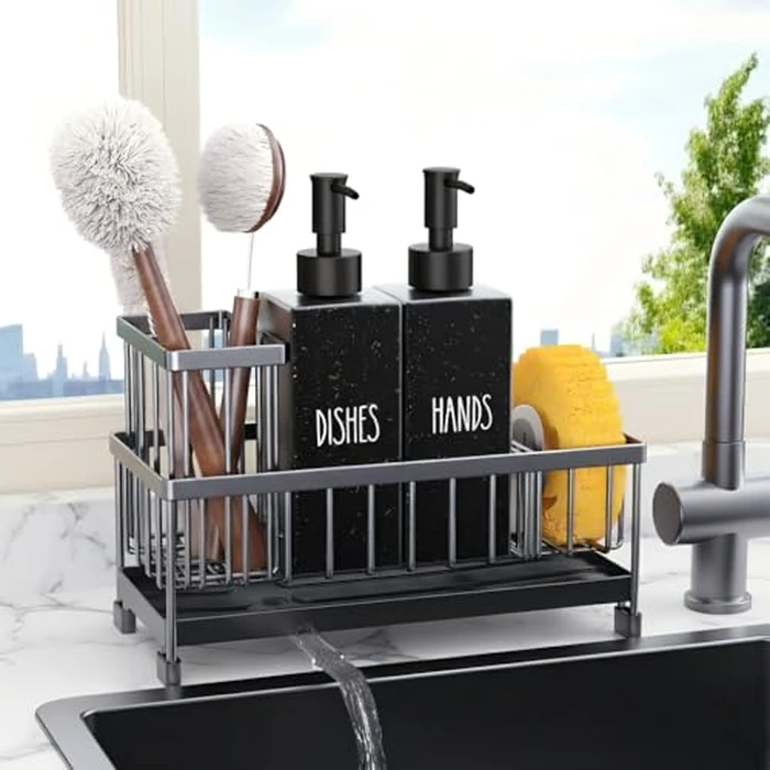 Cisily Kitchen Soap Dispenser Set with Sink Caddy, 12 Oz Glass Bottle, Hand and Dish Soap Dispenser Set with Sponge Holder, Black Stainless Steel Kitchen Countertop Sink Organizer Accessories by Cisily - Image 1