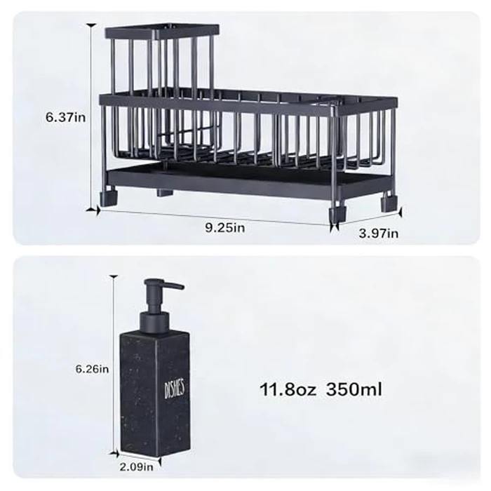 Cisily Kitchen Soap Dispenser Set with Sink Caddy, 12 Oz Glass Bottle, Hand and Dish Soap Dispenser Set with Sponge Holder, Black Stainless Steel Kitchen Countertop Sink Organizer Accessories by Cisily - Image 3