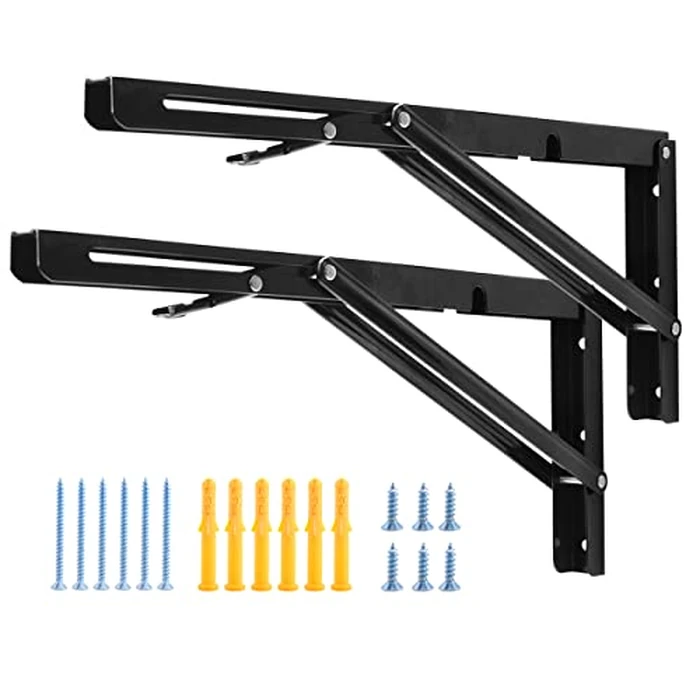YUMORE 16 Inch Folding Shelf Brackets, Heavy Duty Collapsible Shelf Bracket, Black DIY L Bracket for Workbench Folding Table Hinge, Max Load: 330lb, Pack of 2 by YUMORE - Used - Like New condition - US$24.69