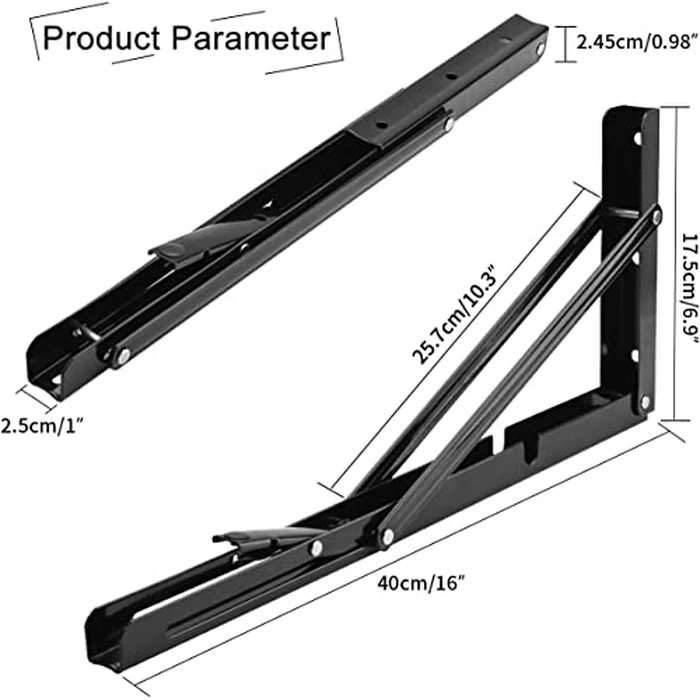 YUMORE 16 Inch Folding Shelf Brackets, Heavy Duty Collapsible Shelf Bracket, Black DIY L Bracket for Workbench Folding Table Hinge, Max Load: 330lb, Pack of 2 by YUMORE - Image 2