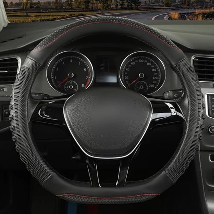 WJMZ D Shaped Steering Wheel Cover Great Grip with 3D Honeycomb Hole, Anti-Slip Sporty Design, Universal 15 inch(All Black) by WJMZ - Used - Very Good condition