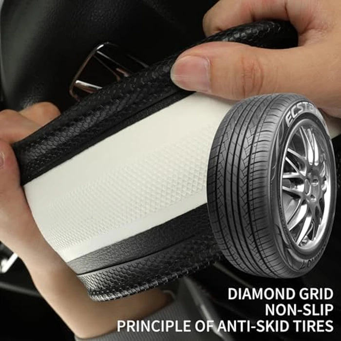 WJMZ D Shaped Steering Wheel Cover Great Grip with 3D Honeycomb Hole, Anti-Slip Sporty Design, Universal 15 inch(All Black) by WJMZ - Image 4