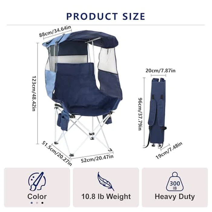 Folding Camping Chairs Canopy Outdoor: Sports Portable Beach Chair with Canopy-Lawn Beach Chairs with Umbrella for Adults-Camping Chair with Shade for Fishing Camp Heavy Duty (Regular, Navy Blue) by The Treasmap - Image 2