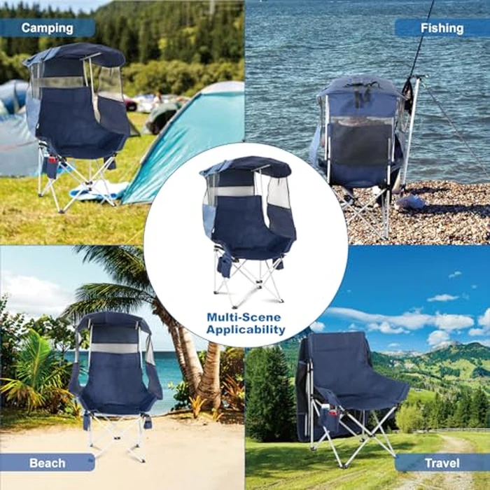 Folding Camping Chairs Canopy Outdoor: Sports Portable Beach Chair with Canopy-Lawn Beach Chairs with Umbrella for Adults-Camping Chair with Shade for Fishing Camp Heavy Duty (Regular, Navy Blue) by The Treasmap - Image 4