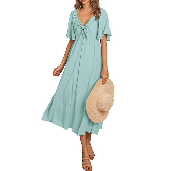 PRETTYGARDEN Summer Dress for Women 2025 Casual Short Sleeve Bow Tie V Neck Ruffle Midi Flowy Dresses (Aqua Green,Large) by PRETTYGARDEN - Used - Like New condition