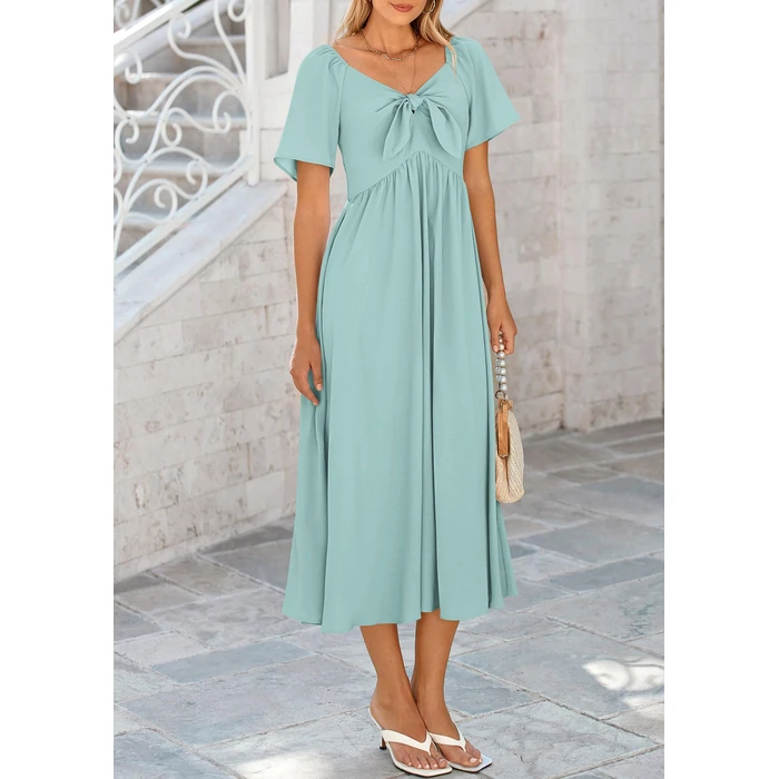 PRETTYGARDEN Summer Dress for Women 2025 Casual Short Sleeve Bow Tie V Neck Ruffle Midi Flowy Dresses (Aqua Green,Large) by PRETTYGARDEN - Image 3