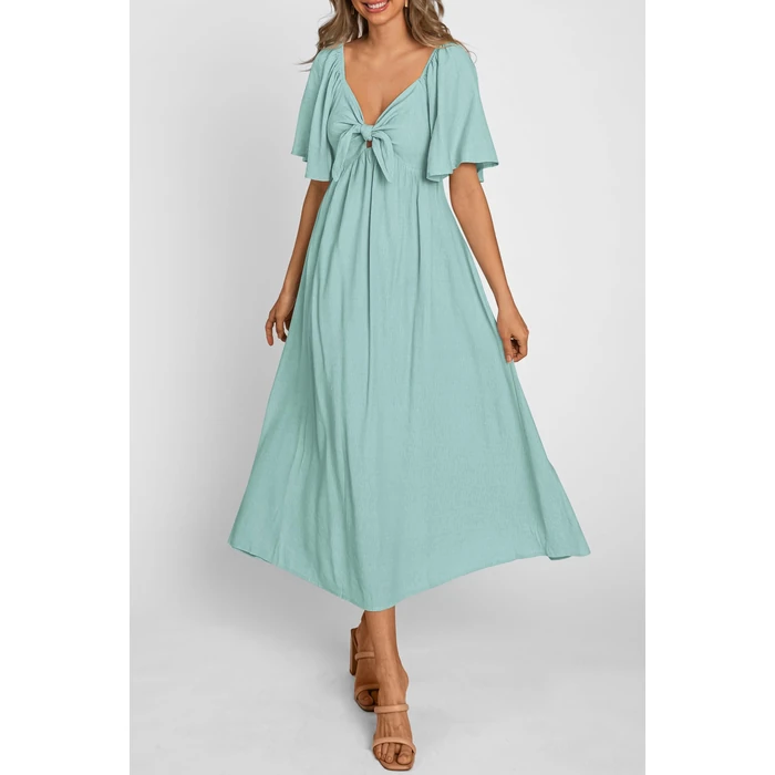 PRETTYGARDEN Summer Dress for Women 2025 Casual Short Sleeve Bow Tie V Neck Ruffle Midi Flowy Dresses (Aqua Green,Large) by PRETTYGARDEN - Image 4