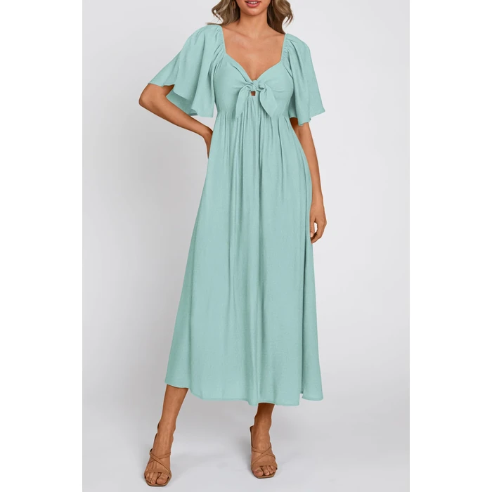 PRETTYGARDEN Summer Dress for Women 2025 Casual Short Sleeve Bow Tie V Neck Ruffle Midi Flowy Dresses (Aqua Green,Large) by PRETTYGARDEN - Image 5