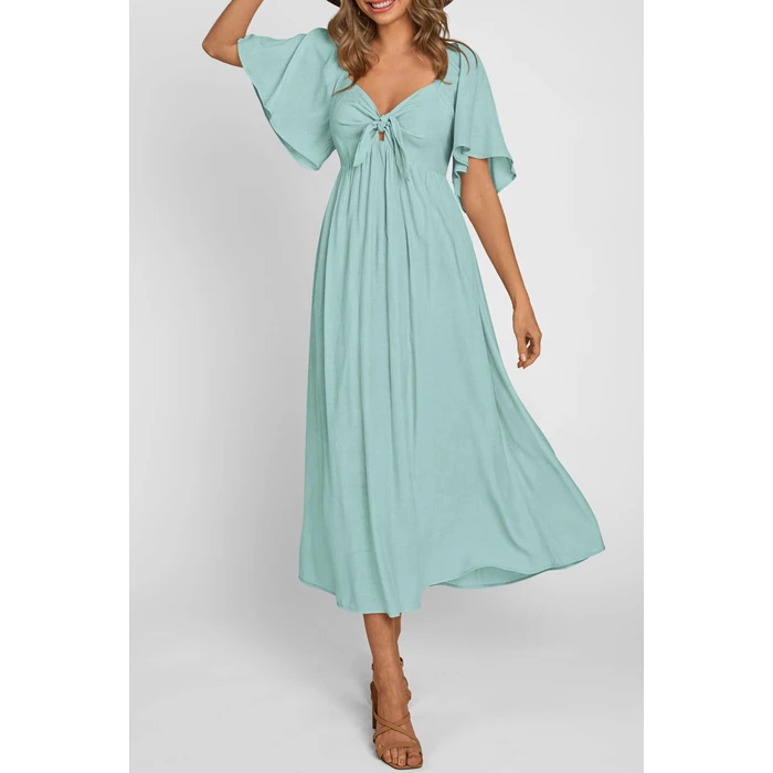 PRETTYGARDEN Summer Dress for Women 2025 Casual Short Sleeve Bow Tie V Neck Ruffle Midi Flowy Dresses (Aqua Green,Large) by PRETTYGARDEN - Image 6