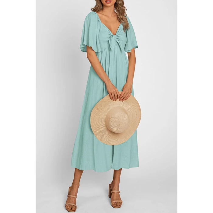 PRETTYGARDEN Summer Dress for Women 2025 Casual Short Sleeve Bow Tie V Neck Ruffle Midi Flowy Dresses (Aqua Green,Large) by PRETTYGARDEN - Image 7