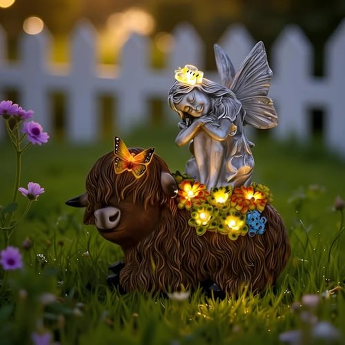 niwhydi Angel Garden Decor Statue Solar Angel Sitting on Highland Cow Succulent Butterfly Bee LED Lights Outdoor Decorations for Yard Patio Housewarming Gift for Mom Women by niwhydi - Used - Very Good condition - US$26.99
